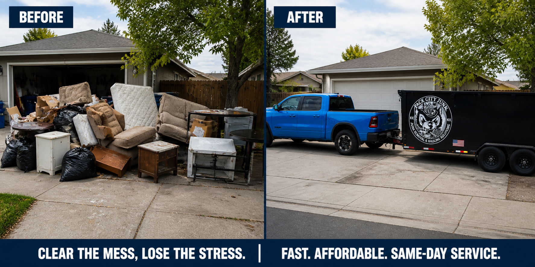 Before and after junk removal by Pack City — driveway cleared in one visit