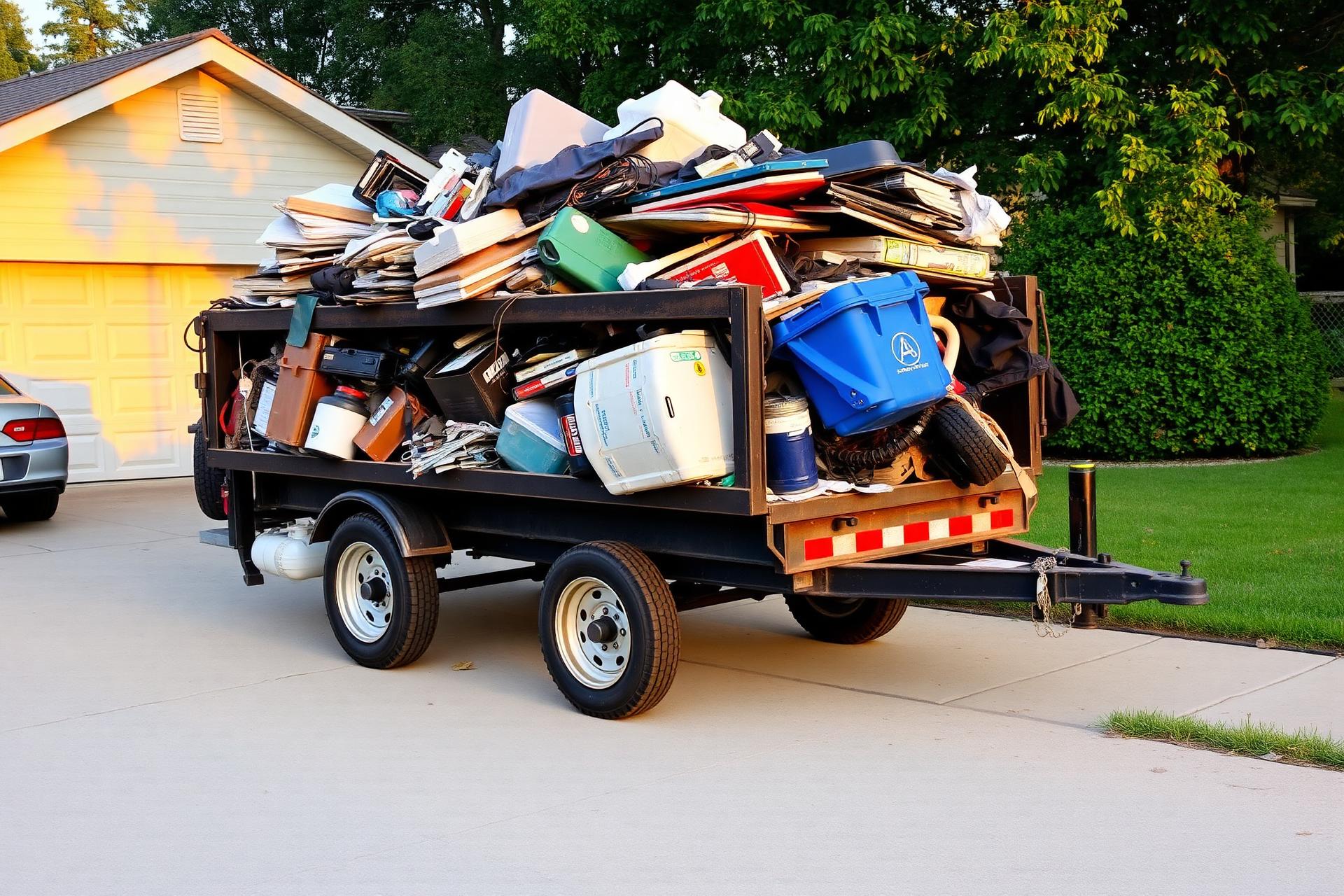 Trailer fully loaded with junk in residential driveway